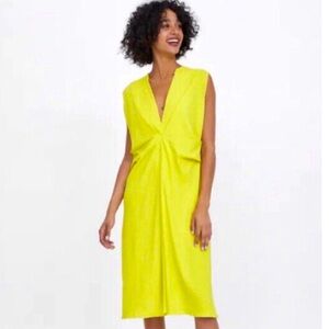 ZARA lime yellow draped v neck midi dress size S